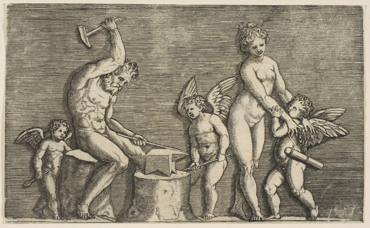 Vulcan seated hammering on an anvil flanked by Venus and three cupids by Marco Dente, print, 1510-1532