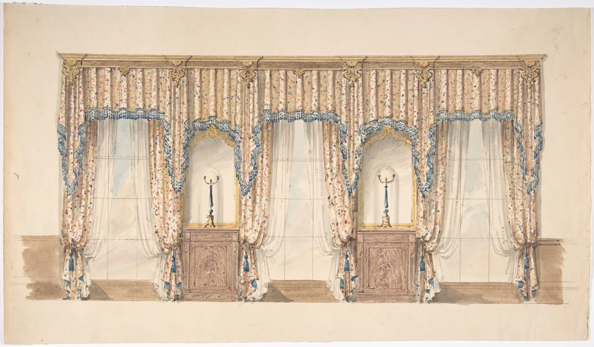 Design for Pink, Gold, Blue and White Curtains with Blue Fringes and a Gold and Wood Pediment by anonymous, drawing, 1800-1850