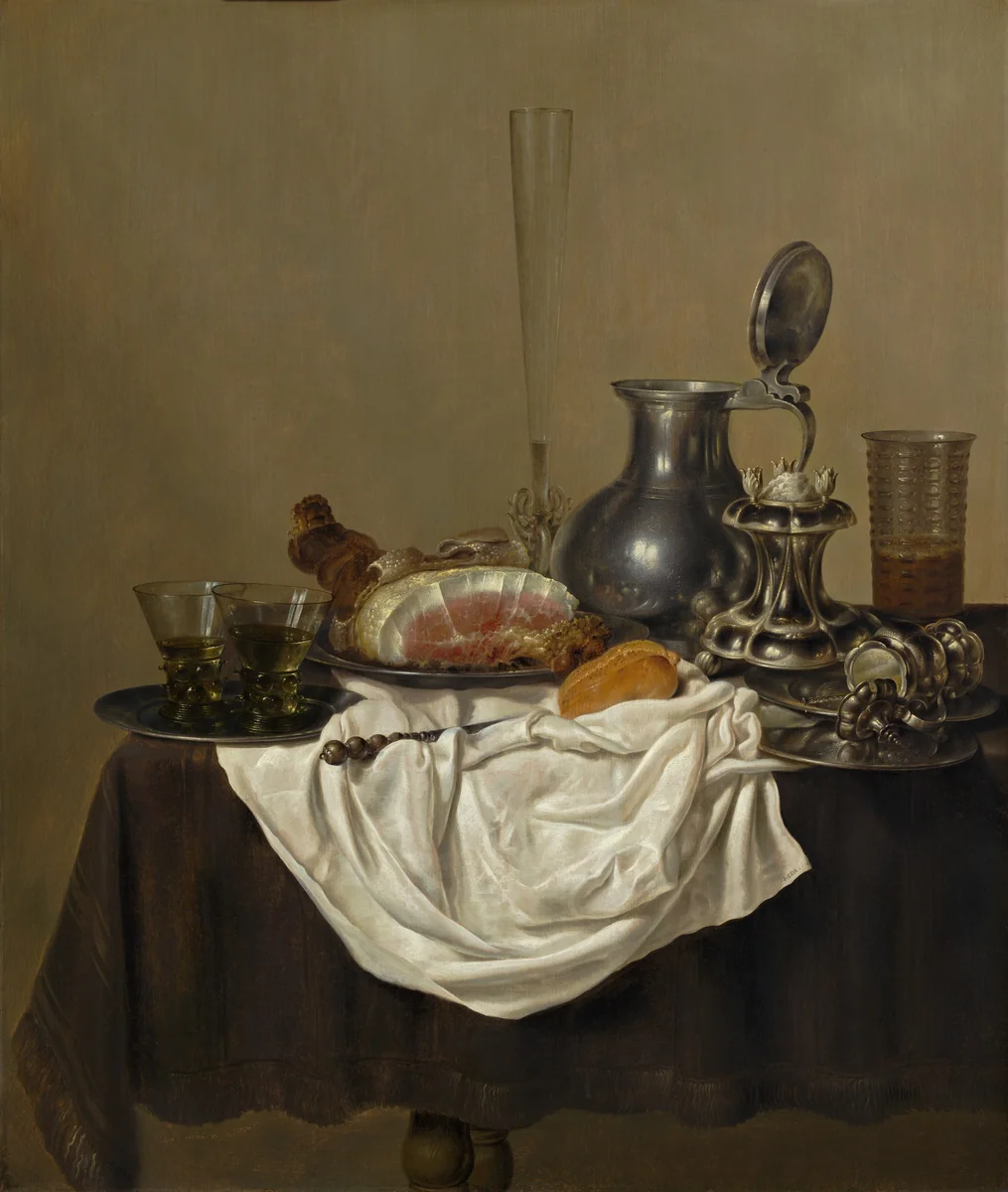 Still Life with Ham by Gerret Willemsz. Heda, painting, 1650