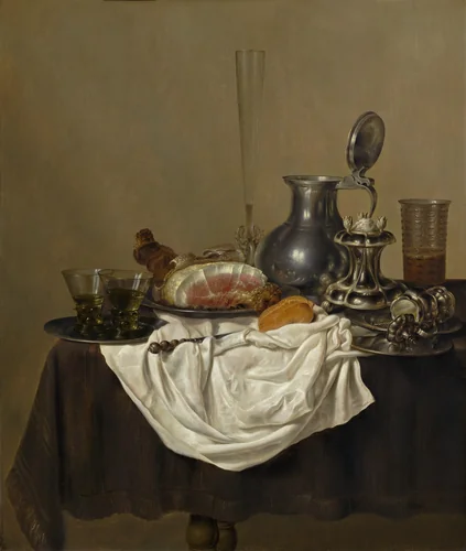 Still Life with Ham by Gerret Willemsz. Heda, painting, 1650
