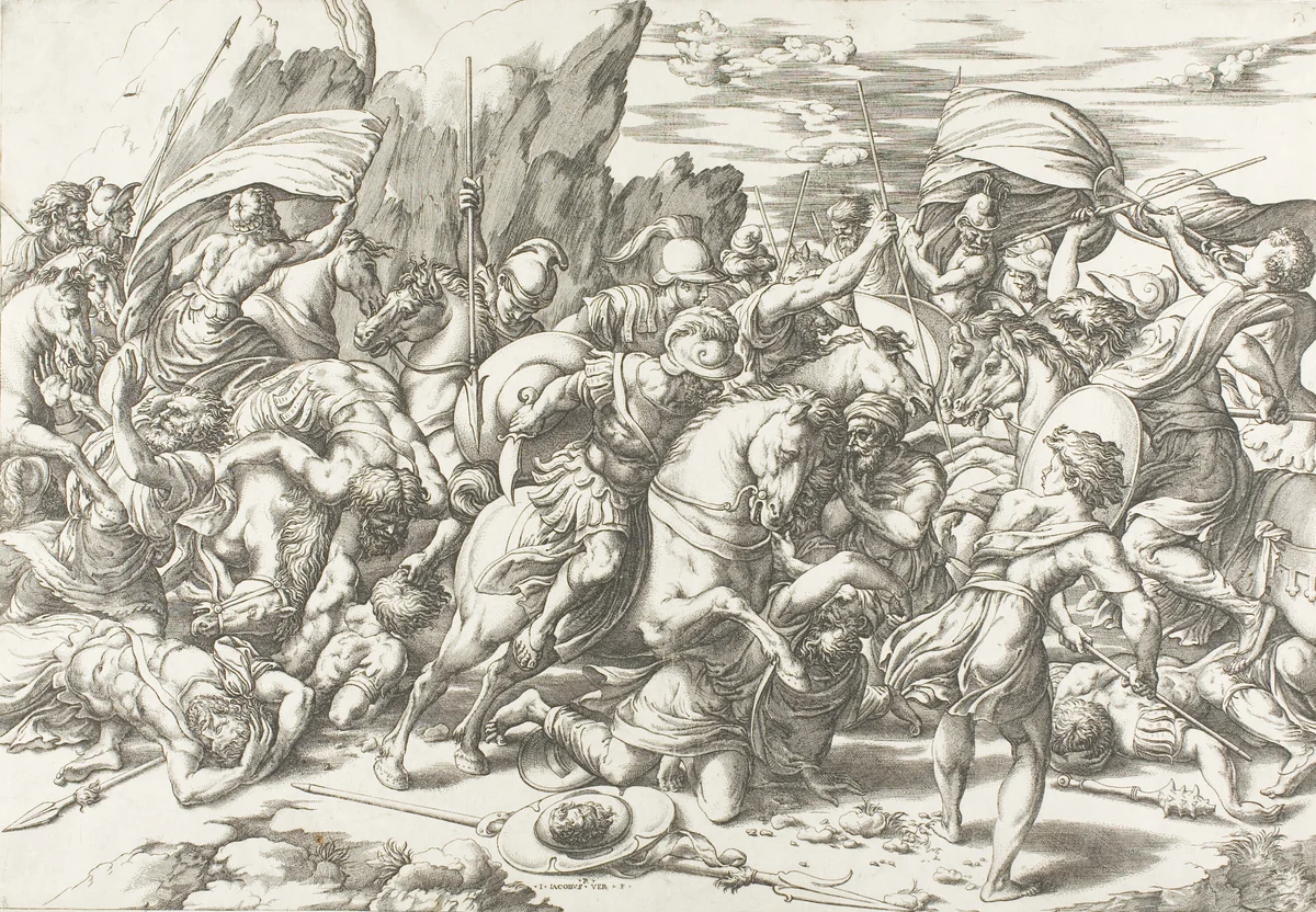 The Battle around the Shield and Lance by Giovanni Jacopo Caraglio, print, 1522-1532