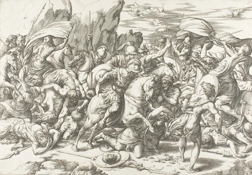 The Battle around the Shield and Lance by Giovanni Jacopo Caraglio, print, 1522-1532