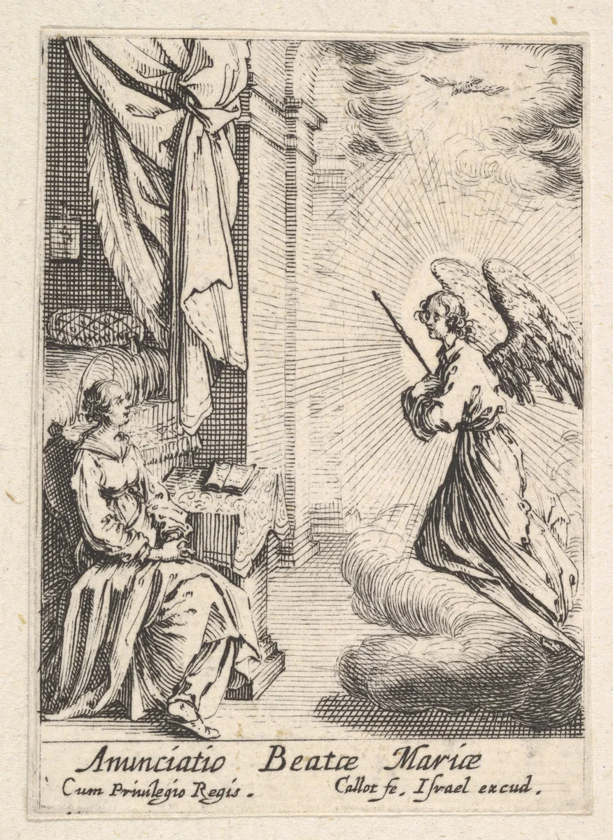 Annunciation, with angel approaching the seated Mary from the left, and the dove of the Holy Spirit above by Jacques Callot, print, 1633-1634