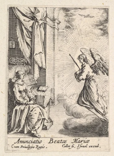 Annunciation, with angel approaching the seated Mary from the left, and the dove of the Holy Spirit above by Jacques Callot, print, 1633-1634
