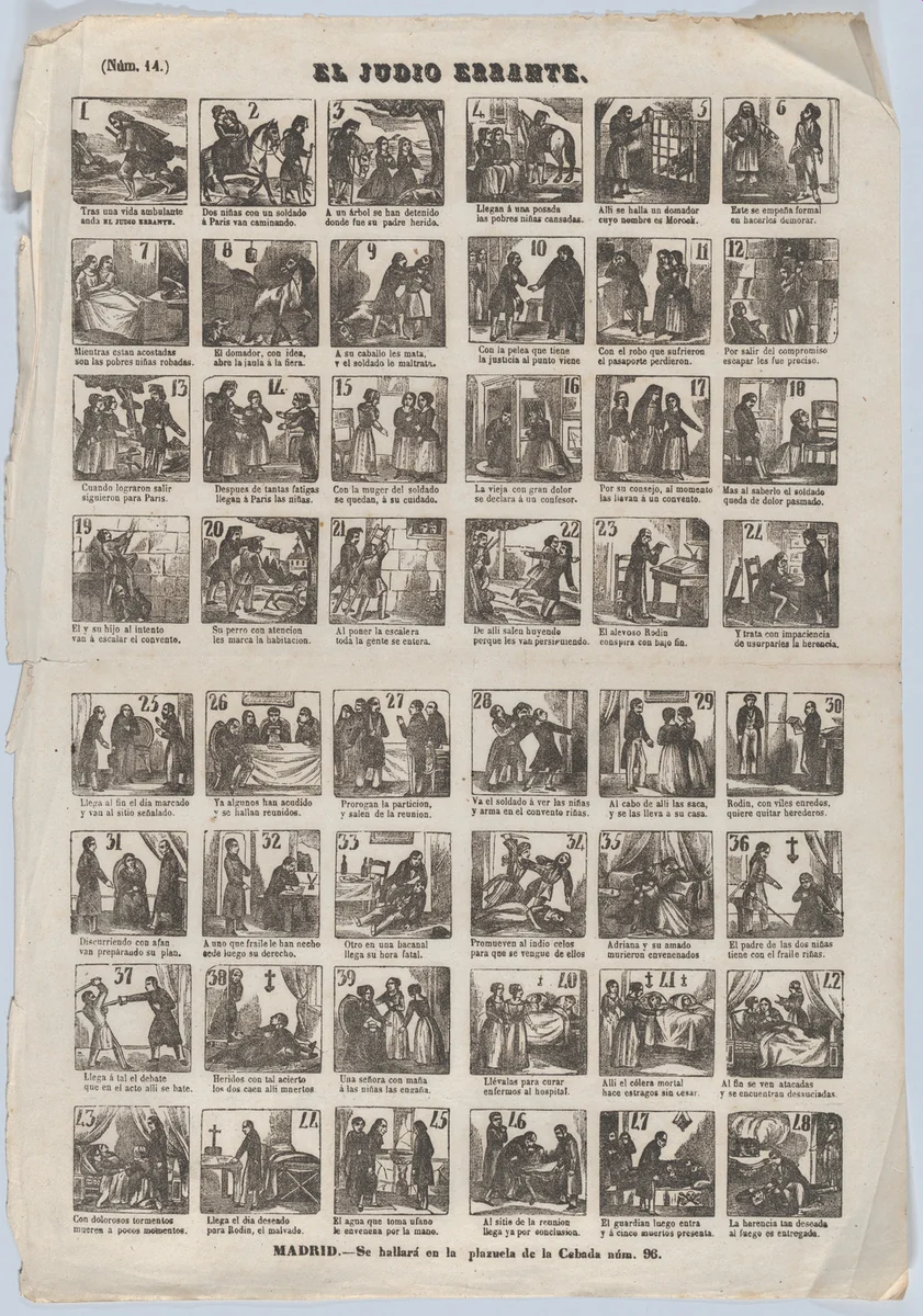 Broadside with 48 scenes relating to the errant Jew by José María Marés, print, 1855-1875