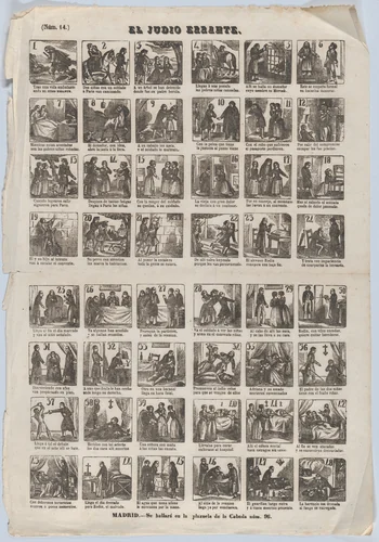 Broadside with 48 scenes relating to the errant Jew by José María Marés, print, 1855-1875