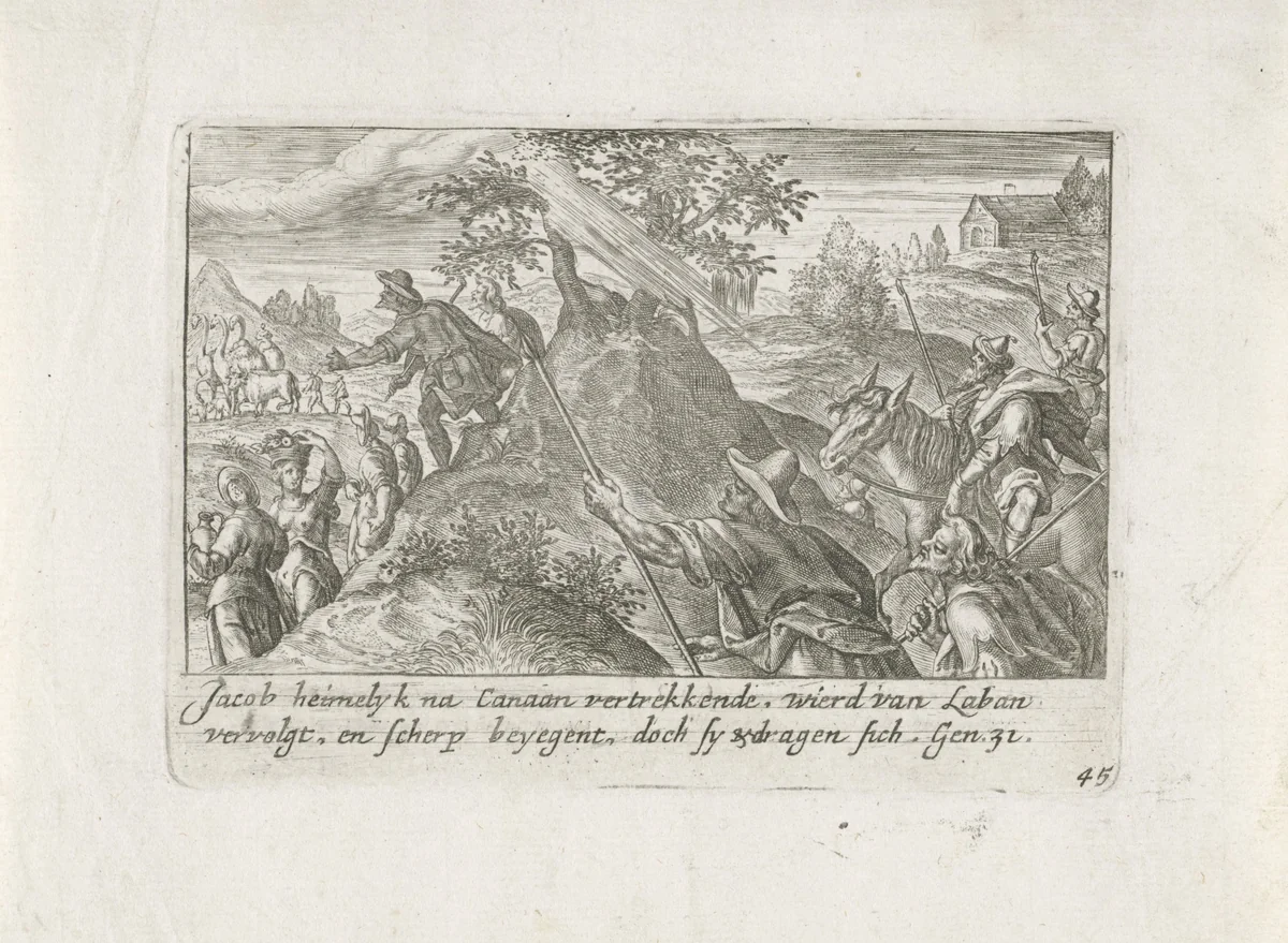 Laban achtervolgt Jakob by Crispijn van de Passe, print, 1700-1750