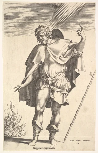 Empedocles, standing frontally with his head turned in three-quarter view, directs his gaze toward a flame (the crater of Mount Aetna?) emerging from a horizontal ground line, a walking stick leans toward the right margin by René Boyvin, print, 1545-1563