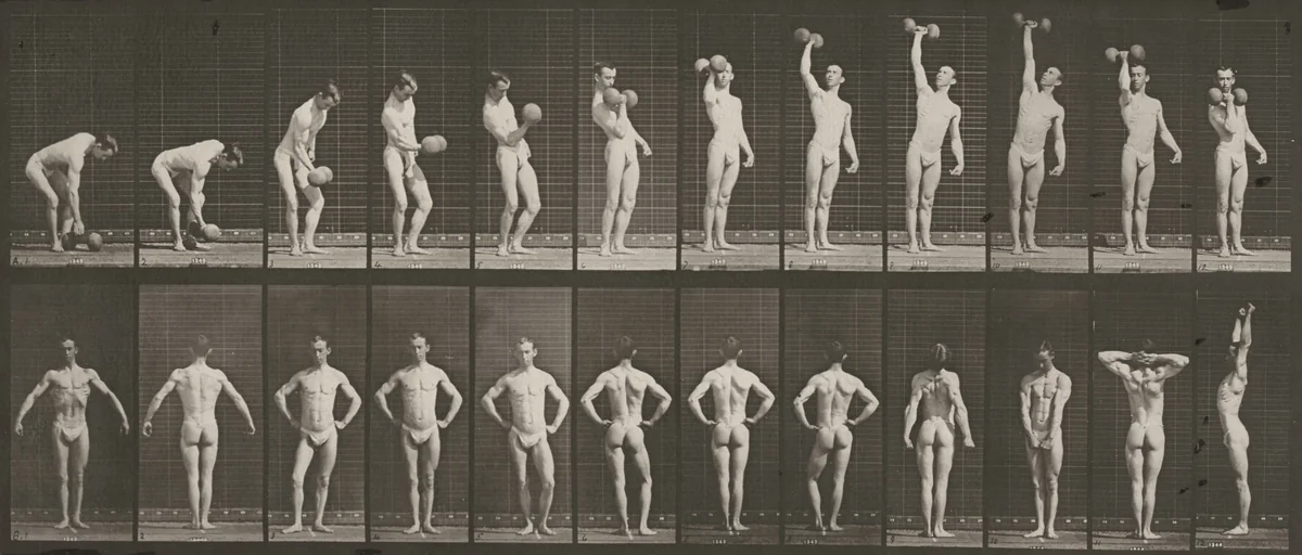 Plate Number 321. A: Lifting a 50-lb. dumbbell. B: Posing by Eadweard Muybridge, photograph, 1887