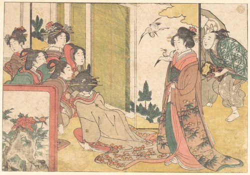 Girls Entertained by Performers, from the illustrated book Flowers of the Four Seasons by Kitagawa Utamaro (喜多川歌麿), print, 1801