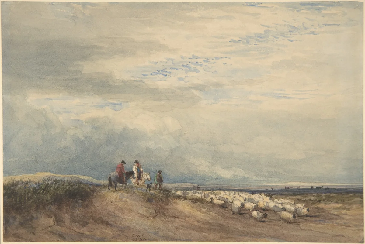 Riders with sheep near an estuary by David Cox, drawing, 1830