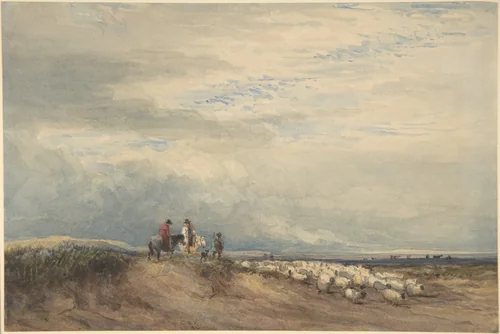 Riders with sheep near an estuary by David Cox, drawing, 1830