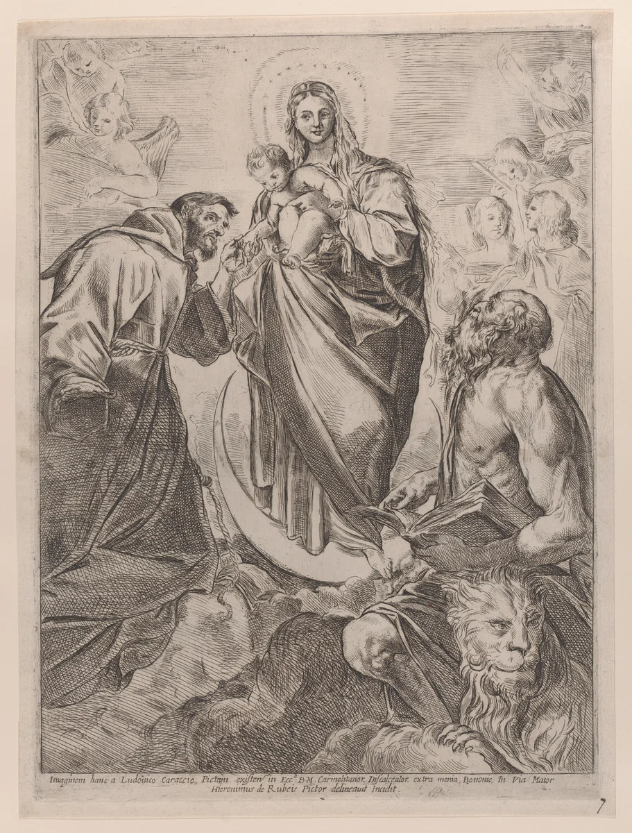 The Virgin with Saints Jerome and Francis by Girolamo Rossi, print, 1660-1680