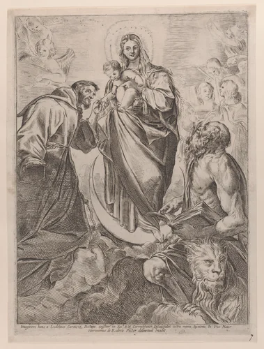 The Virgin with Saints Jerome and Francis by Girolamo Rossi, print, 1660-1680