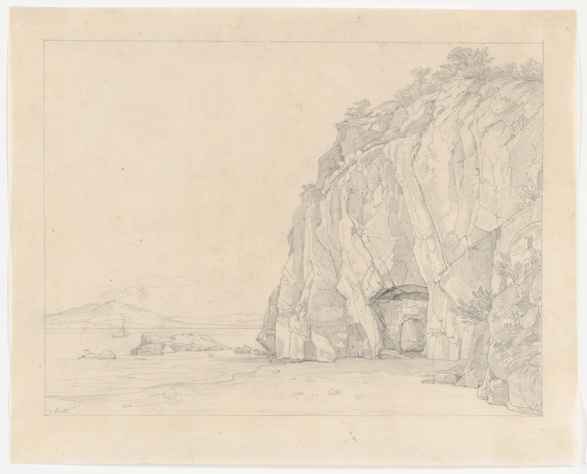 A Grotto near Sorrento, with a Distant View of the Vesuvius by Heinrich Reinhold, drawing, 1823
