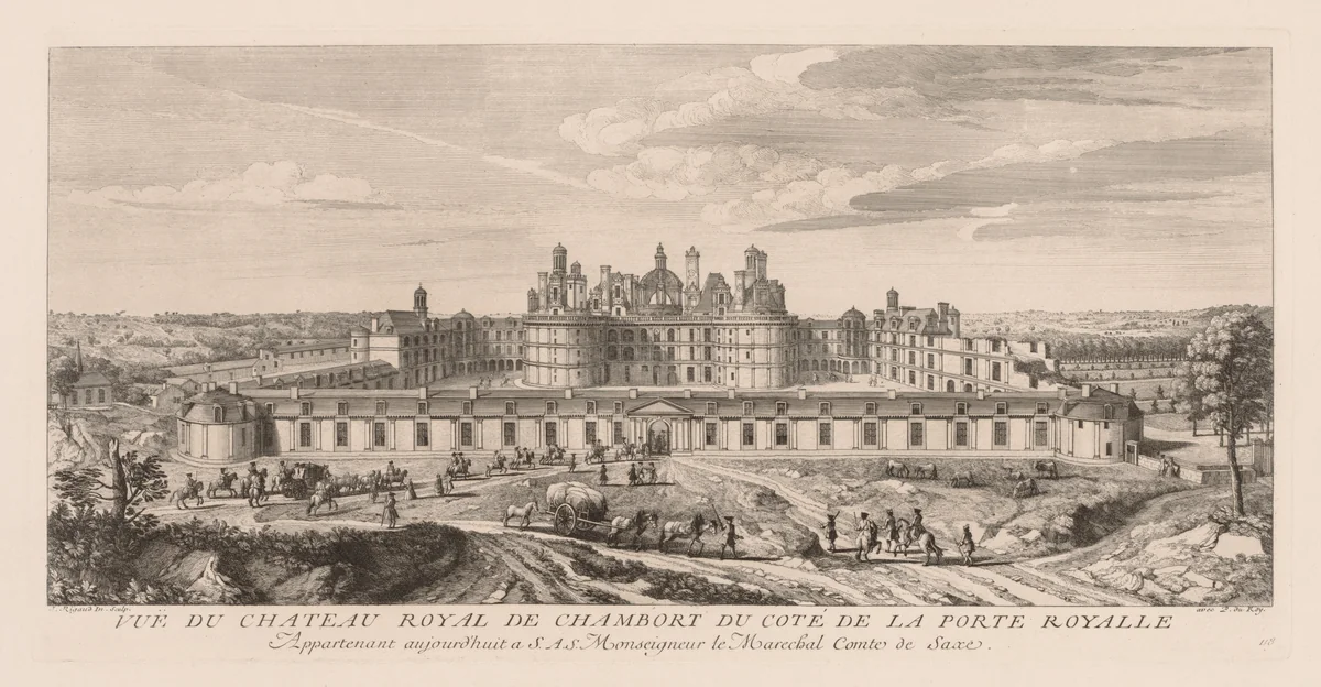 Vue du Château royal de Chambord, du côte de la Porte royale by Jacques Rigaud, print, 1700-1754