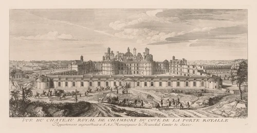 Vue du Château royal de Chambord, du côte de la Porte royale by Jacques Rigaud, print, 1700-1754