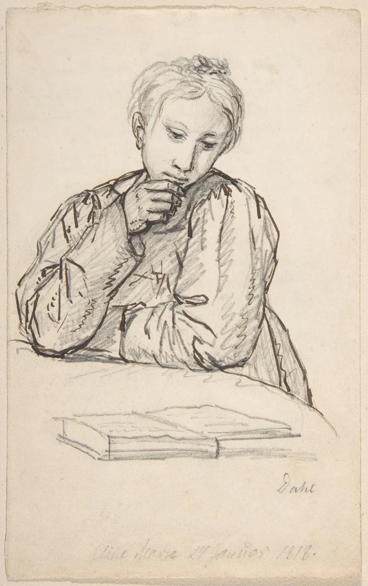 Portrait of Eline Marie Heger as a Child, Leaning on a Table, Looking at a Book by Johan Christian Dahl, drawing, 1818