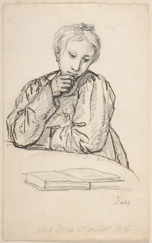 Portrait of Eline Marie Heger as a Child, Leaning on a Table, Looking at a Book by Johan Christian Dahl, drawing, 1818