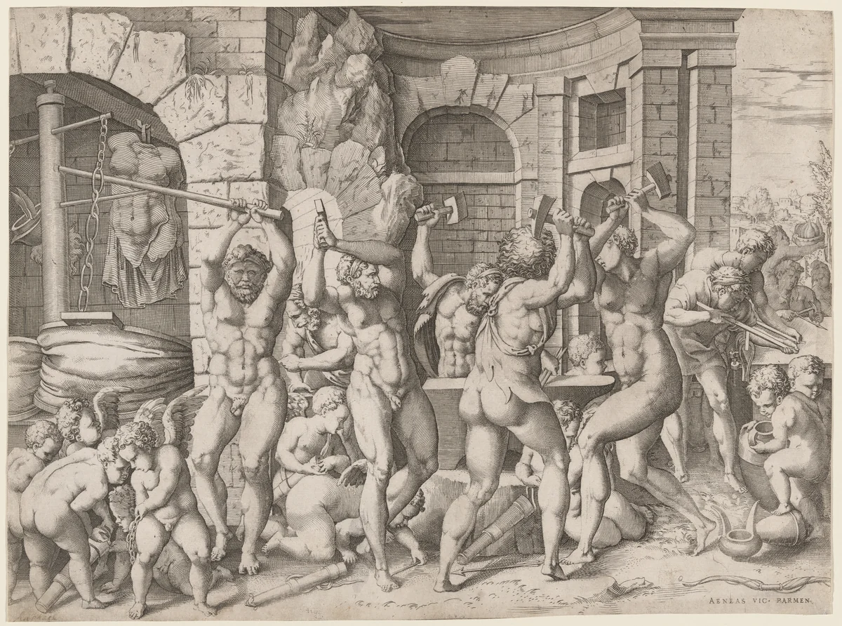 The Forge of Vulcan by Enea Vico; Francesco Primaticcio, print, 1541-1551