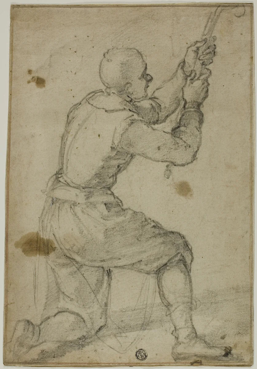 Man on Bended Knee, Pulling on Rope by Bernardino Poccetti, drawing, 1602-1606
