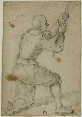 Man on Bended Knee, Pulling on Rope by Bernardino Poccetti, drawing, 1602-1606