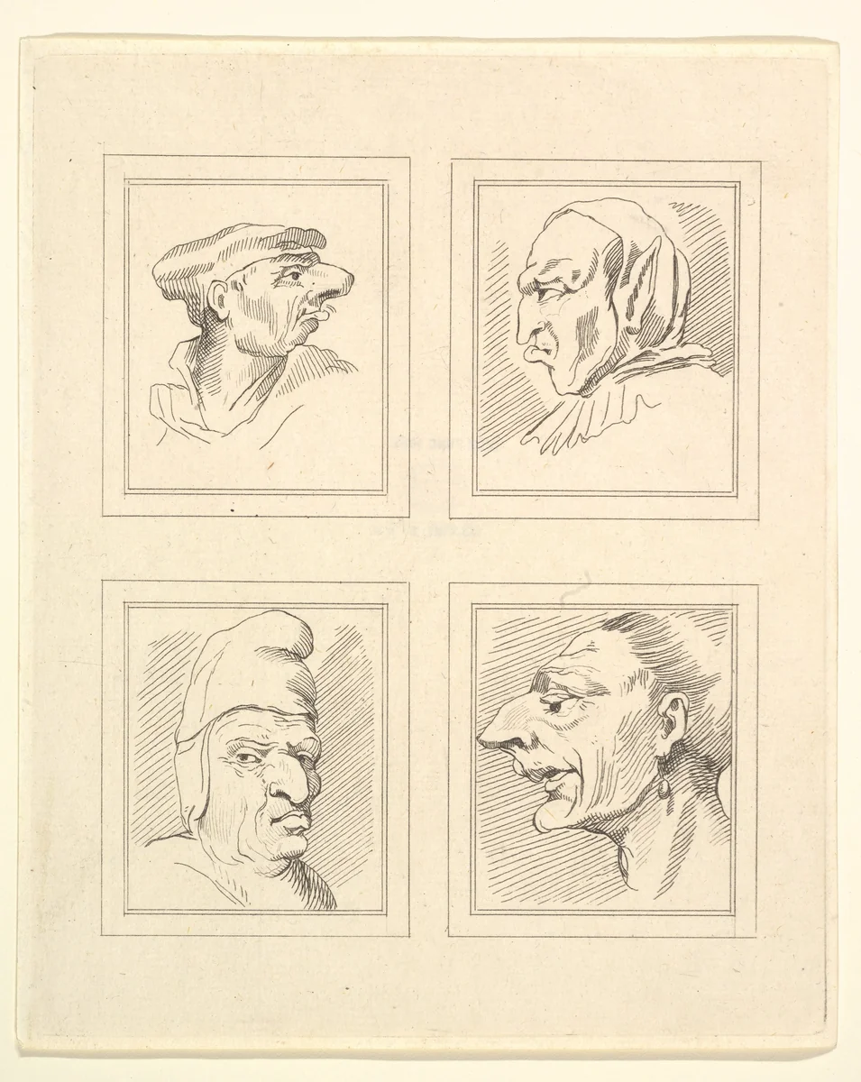 Four Heads (from Characaturas by Leonardo da Vinci, from Drawings by Wincelslaus Hollar, out of the Portland Museum) by Wenceslaus Hollar, print, 1786