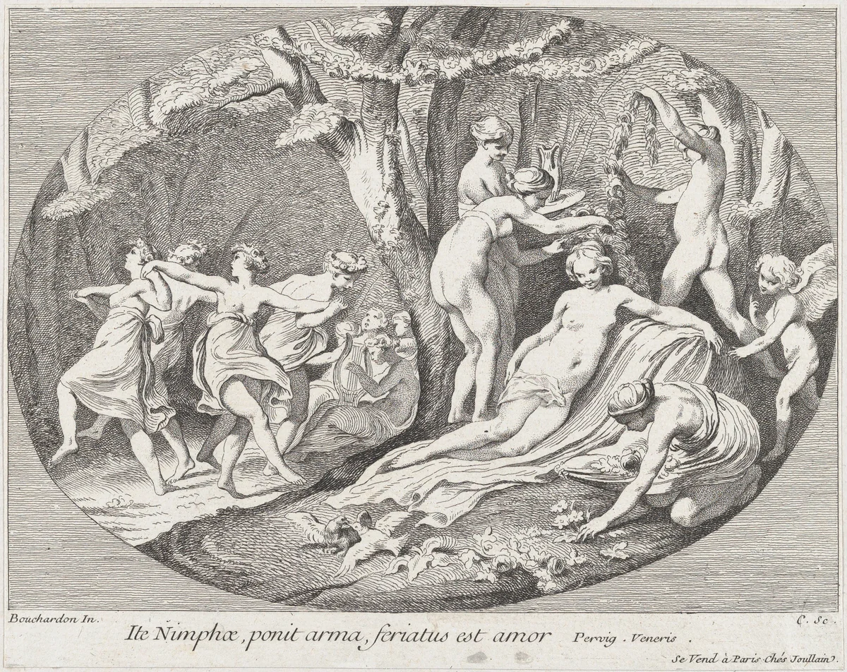 Go Nymphs, who lay down their arms, Love is resting! by Anne Claude Philippe de Tubières, print, 1730-1760