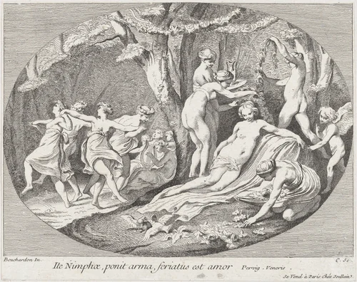 Go Nymphs, who lay down their arms, Love is resting! by Anne Claude Philippe de Tubières, print, 1730-1760