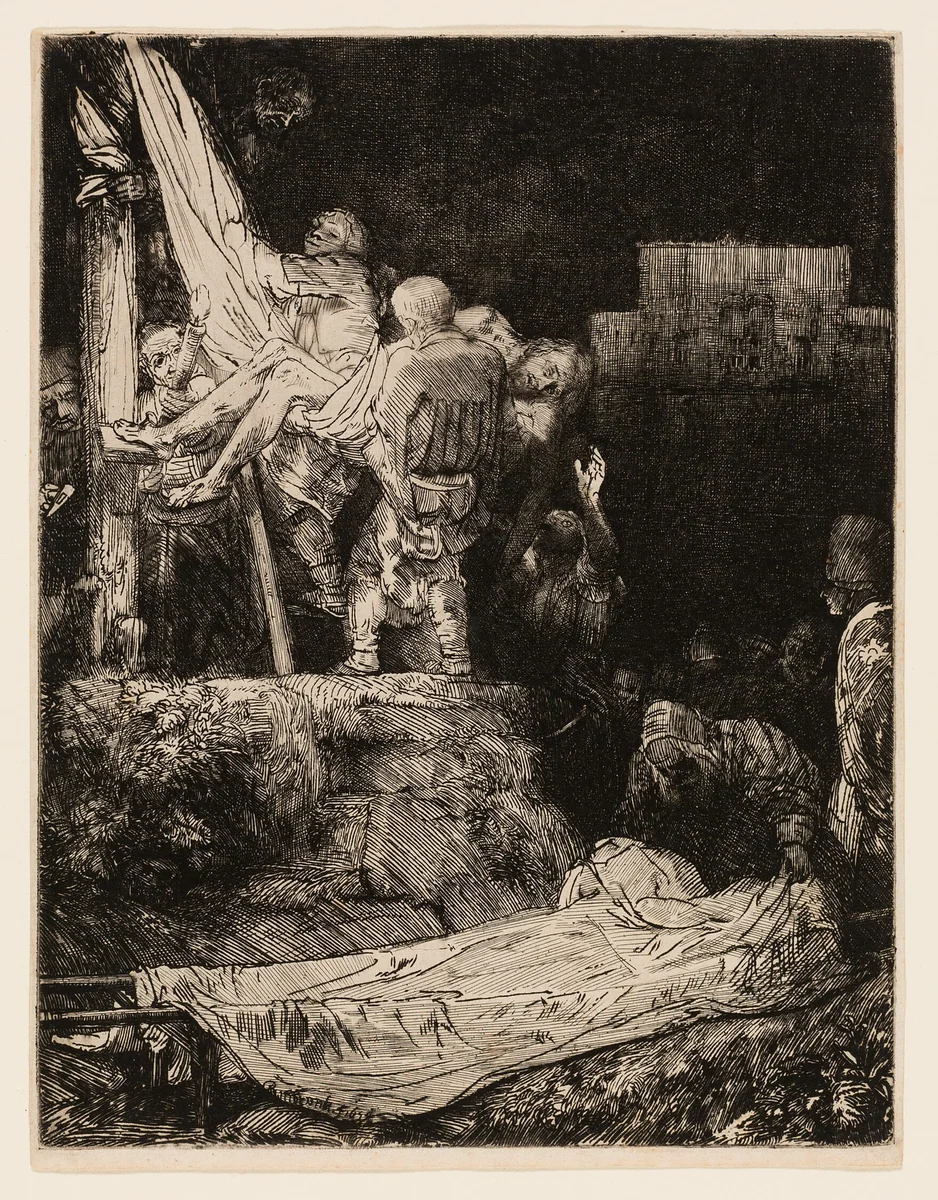 The Descent from the Cross by Torchlight by Rembrandt van Rijn, print, 1654