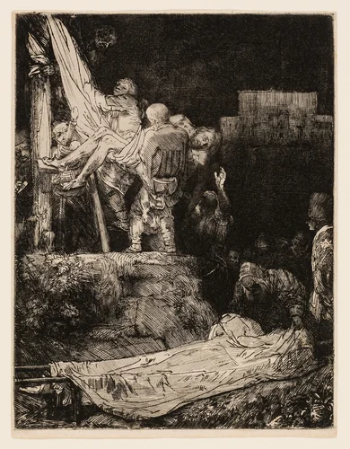 The Descent from the Cross by Torchlight by Rembrandt van Rijn, print, 1654