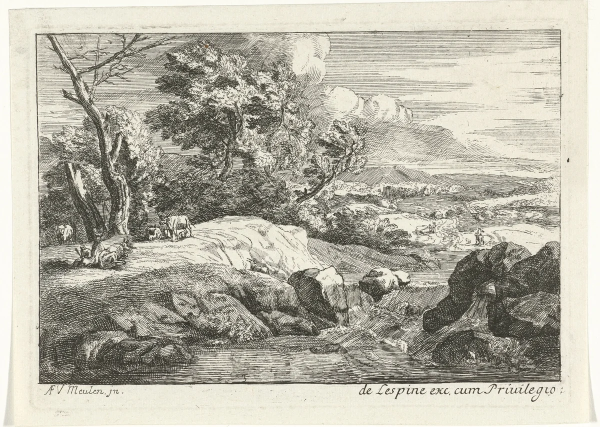 Landschap met figuren by anonymous, print, 1675-1696