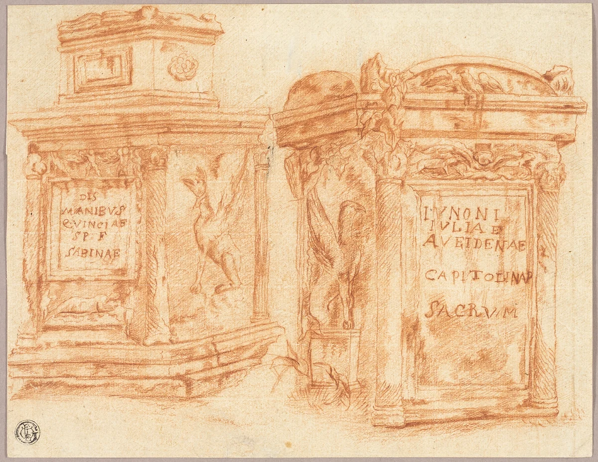 Sketches of Inscribed Bases of Roman Columns by Nicolas Poussin, drawing, 1614-1665