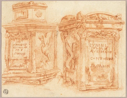 Sketches of Inscribed Bases of Roman Columns by Nicolas Poussin, drawing, 1614-1665