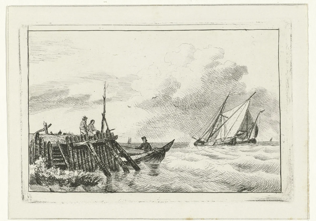 Pier aan water by Willem Gruyter jr., print, 1832-1880