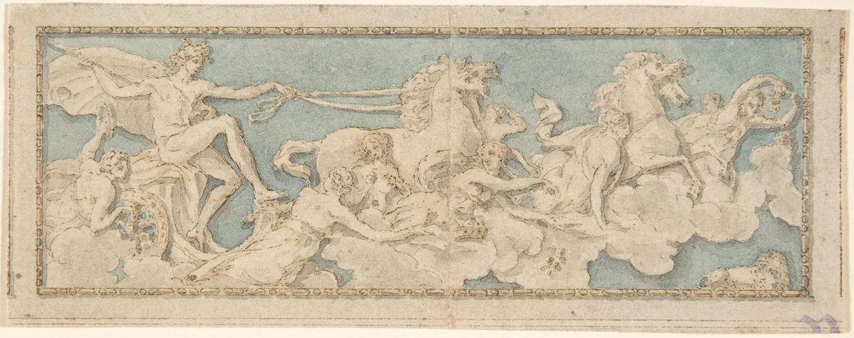Wall or Ceiling Decoration with a Young Man (Phaeton?) in a horse-drawn Chariot by anonymous, drawing, 1700-1800