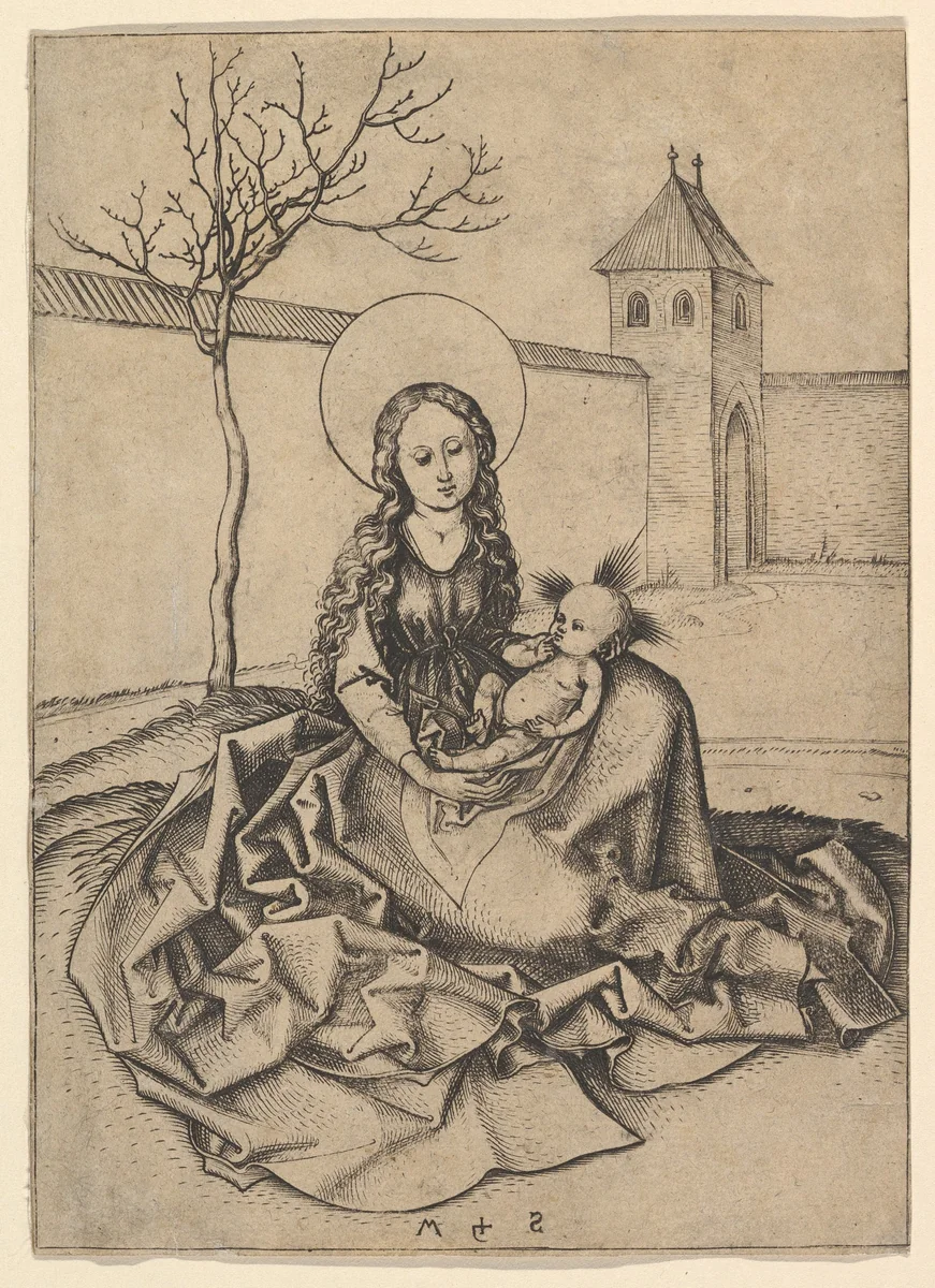 The Madonna and Child in the Courtyard by Martin Schongauer, print, 1470-1491
