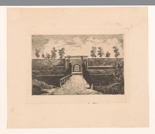 Vooraanzicht op de poort van Nimy by Léon Dolez, print, 1875-1878