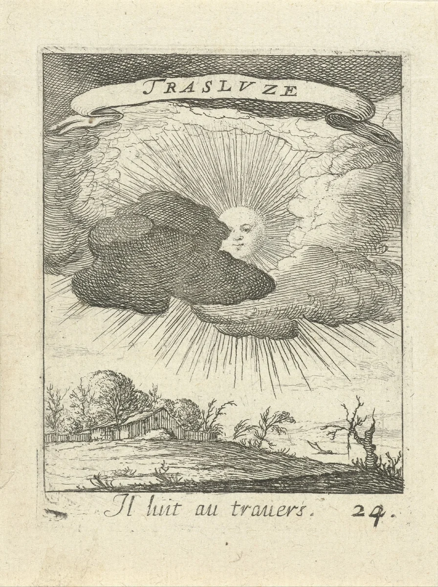 Zon achter wolken by Albert Flamen, print, 1672