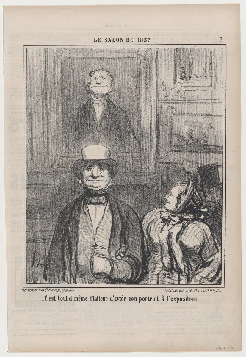C'est tout d'même flatteur d'avoir son portrait à l'exposition, from Le Salon de 1857, published in Le Charivari, August 31, 1857 by Honoré Daumier, print, 1857