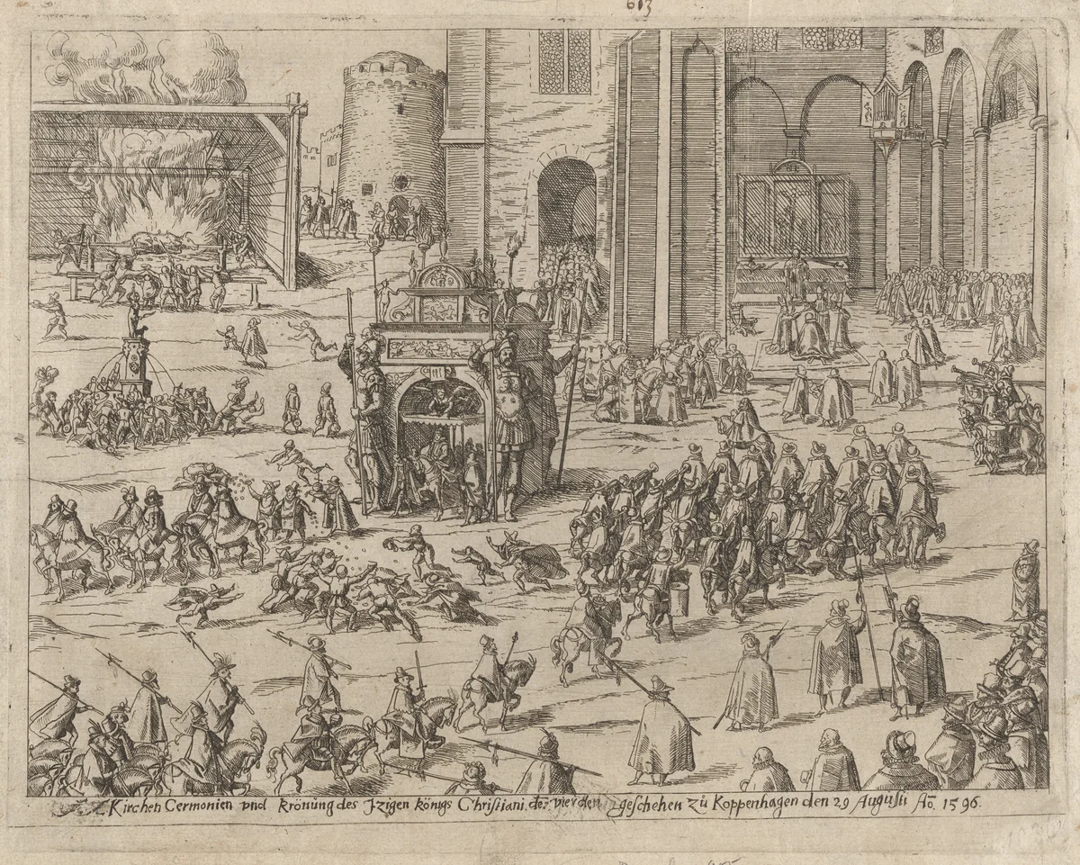 Kirchen Cermonien und Krönung des Zweigen Königs Christiani der Vierden... (Church Ceremonies and Coronation of the Eternal King Christian IV in Copenhagen on August 29, 1596 by Philipp Uffenbach, print, 1591-1601