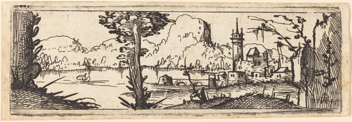Landscape with Lake and Town by Augustin Hirschvogel, print, 1545