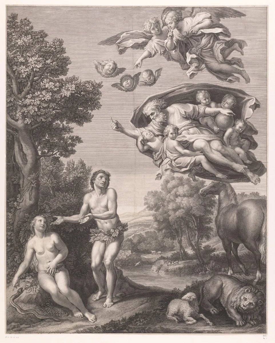 God straft Adam en Eva voor hun ongehoorzaamheid by Etienne Baudet, print, 1687