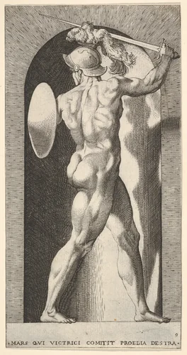 Plate 9: Mars in a niche, holding a sword above his head with his right arm, and a shield on his left arm, from "Mythological Gods and Goddesses" by Giovanni Jacopo Caraglio, print, 1526