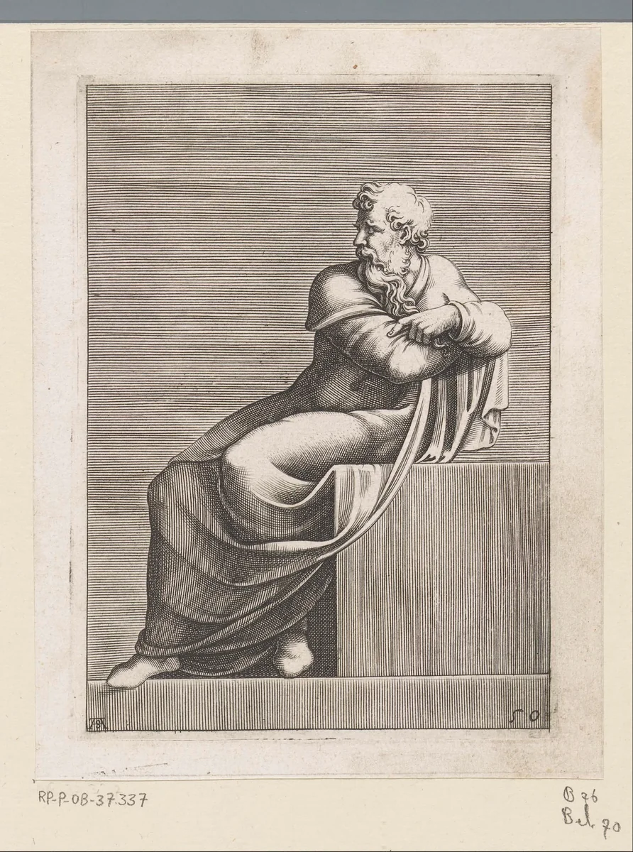Zittende oude man by Unknown, print, 1585