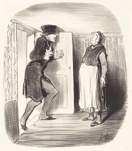 Inconvénient de visiter sans précaution un entresol... by Honoré Daumier, print, 1847