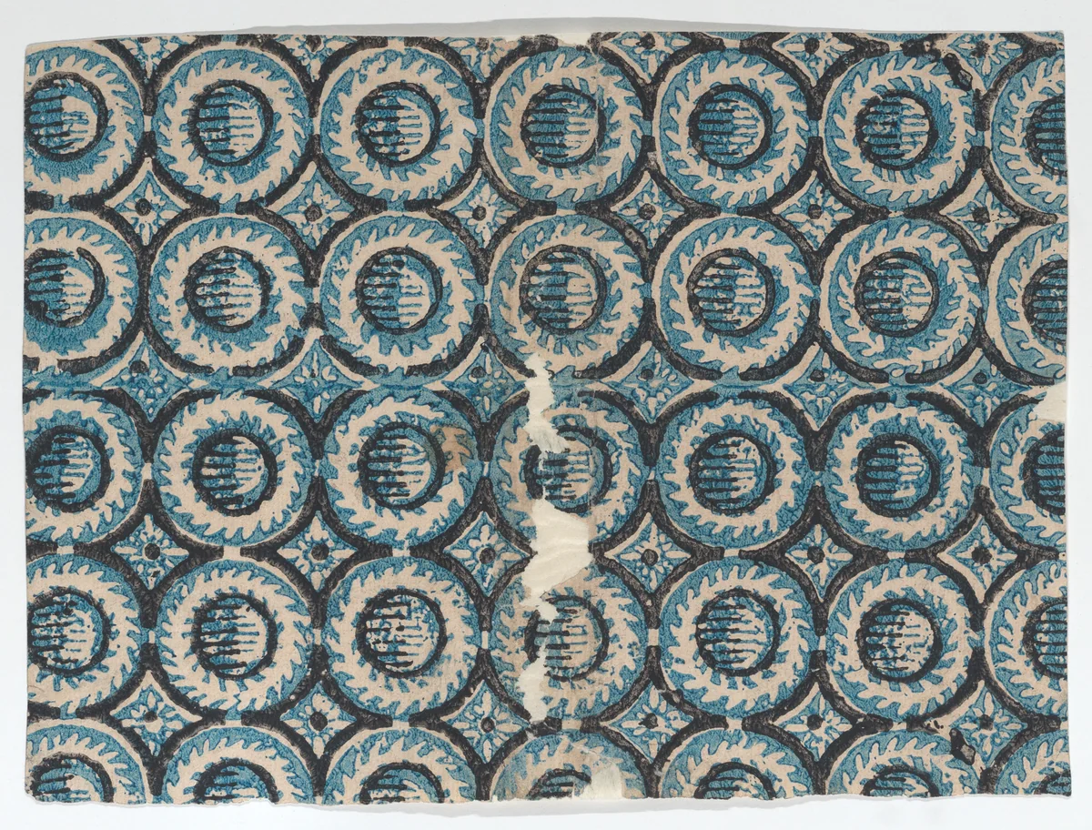 Sheet with overall blue circular pattern by anonymous, print, 1700-1800