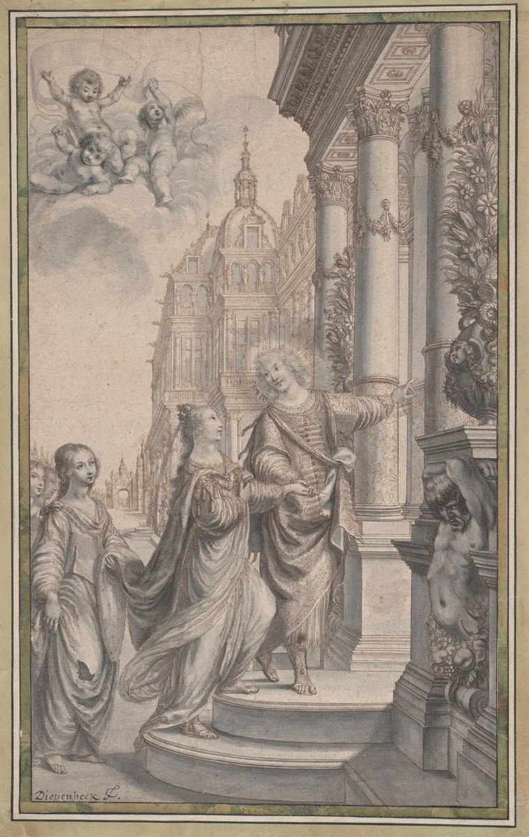 Design for a Frontispiece: A Man Guiding a Crowned Woman and her Attendants to the Entrance of a Palace by Grégoire Huret, drawing, 1635-1645