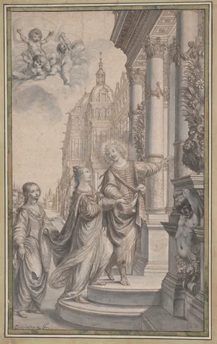 Design for a Frontispiece: A Man Guiding a Crowned Woman and her Attendants to the Entrance of a Palace by Grégoire Huret, drawing, 1635-1645