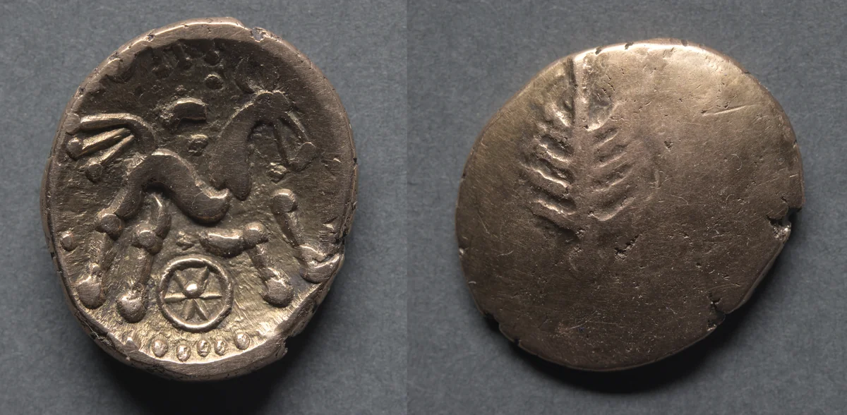 Catti Stater: Tree Symbol on Plain Field (obverse); Horse and Wheel (reverse) by Unknown, metalwork, 20-45